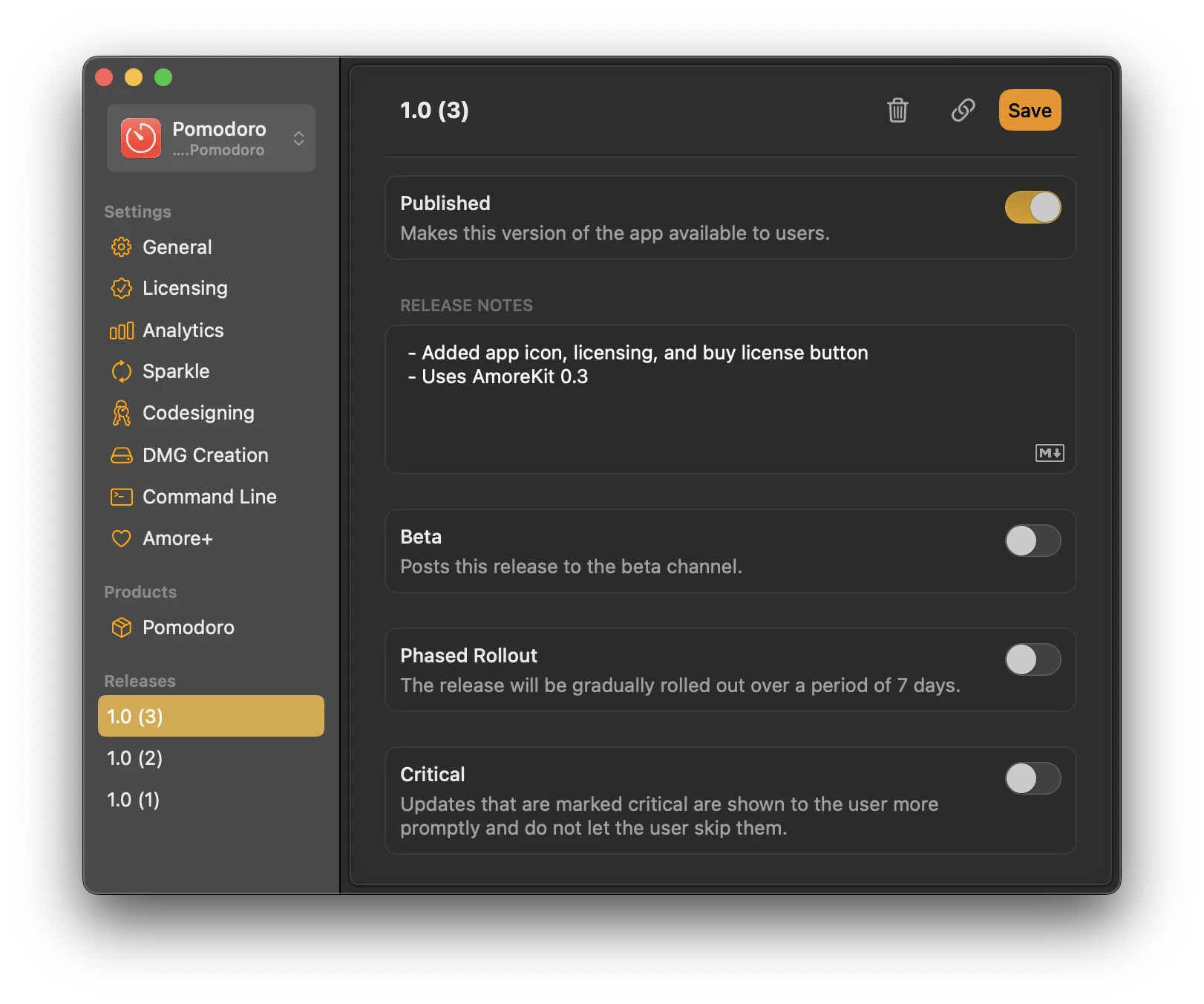 Amore release composer with release notes, beta, phased rollout, and critical toggles